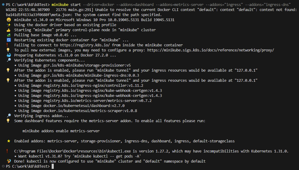 Minikube start command output